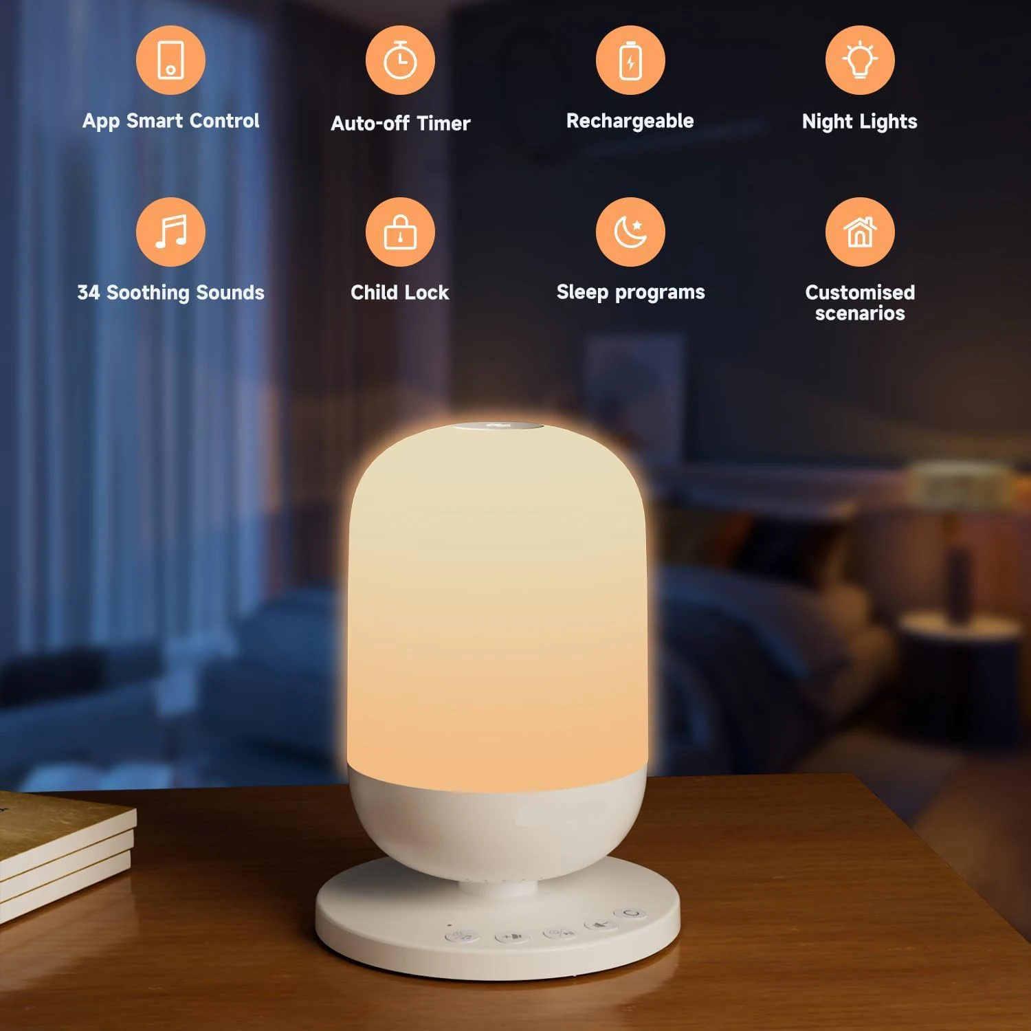 آلة الضوضاء البيضاء، آلة صوت الطفل مع ضوء ليلي، 34 صوتًا مهدئًا للتحكم في التطبيق، ضوء ليلي 7 ألوان مع مؤقت