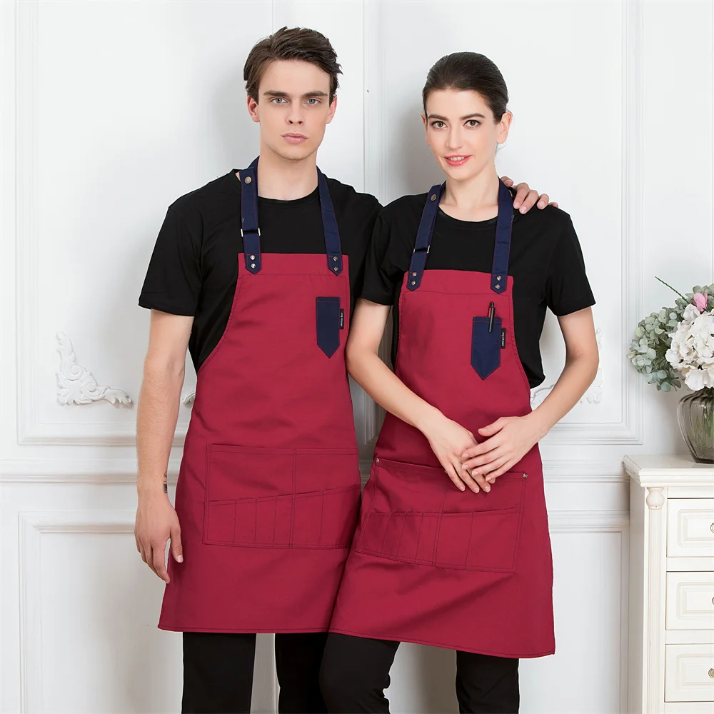 2022 Custom Unisex Work Apron For Men Canvas Black Apron Bib Adjustable Cooking Kitchen Aprons For Woman With Tool Pockets