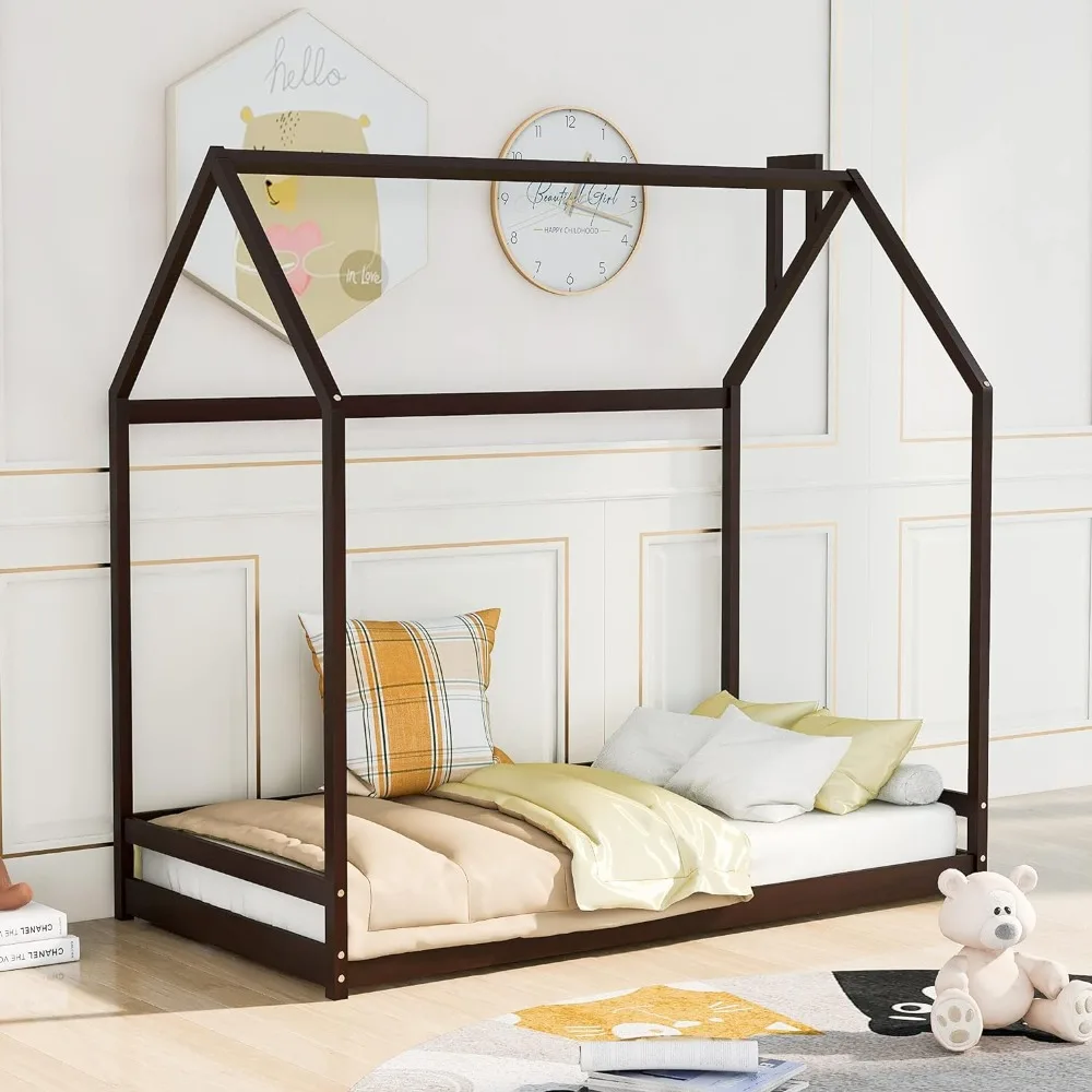 

Merax Twin Size Wood House Bed, Wooden Bedframe with Roof for Kids, Teens, Boys or Girls