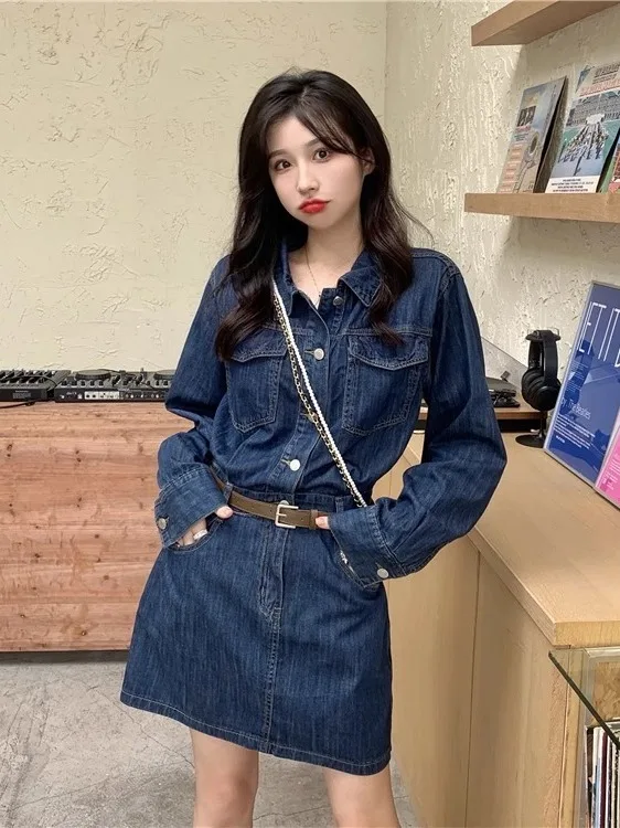 กระโปรงยีนส์ทรงเอเอวสูงสำหรับผู้หญิง รุ่นกระชับสัดส่วน ช่วยเก็บหน้าท้อง  กระโปรงยาว  คอปกสไตล์นักศึกษา  สำหรับฤดูใบไม้ร่วงและฤดูหนาว