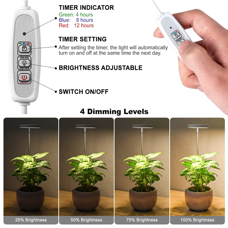 Ajustável Dimmable LED Crescer Luz Espectro Completo, Crescimento de Plantas Luz USB, 5V Altura, Crescendo Lâmpada com Temporizador, Plantas de