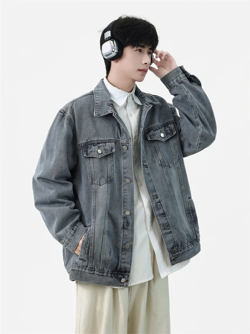 Retro American Denim Jacket Men's Autumn Winter Washed Workwear Collared Trendy Brand Handsome Turn-down Collar Jacket