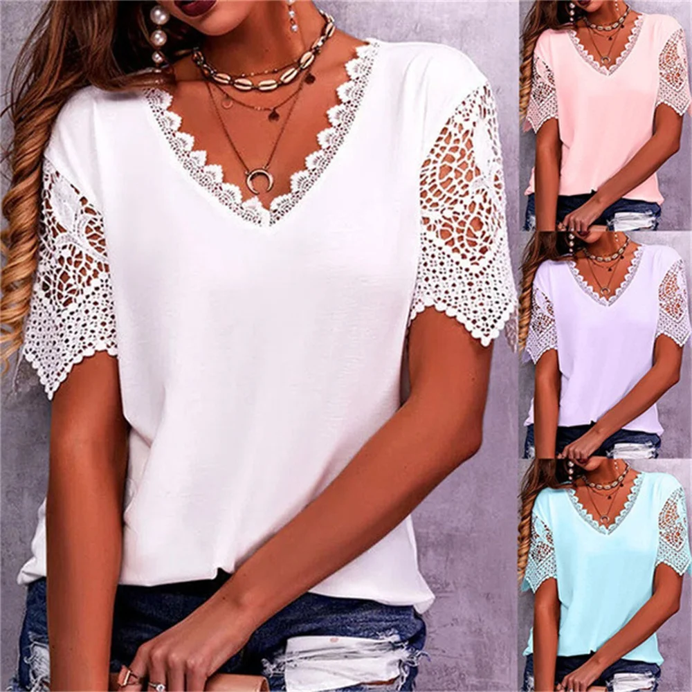 Summer New Lace Stitching Petal Sleeve V-Neck Short-Sleeved T-Shirt Women\'s Fashion Casual Loose Solid Color Vintage Blouse Tops