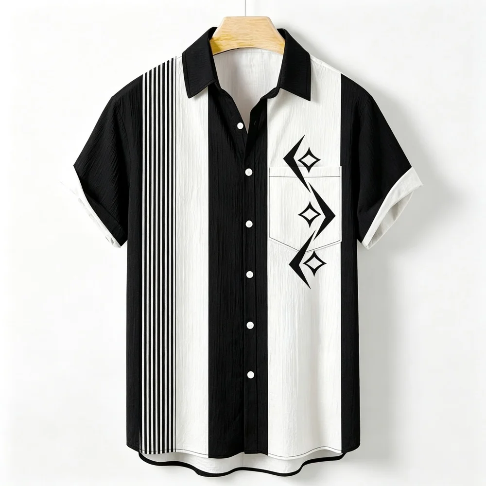 European and American style men's short sleeved shirt with diamond shaped geometric printing, fashionable and versatile shirt