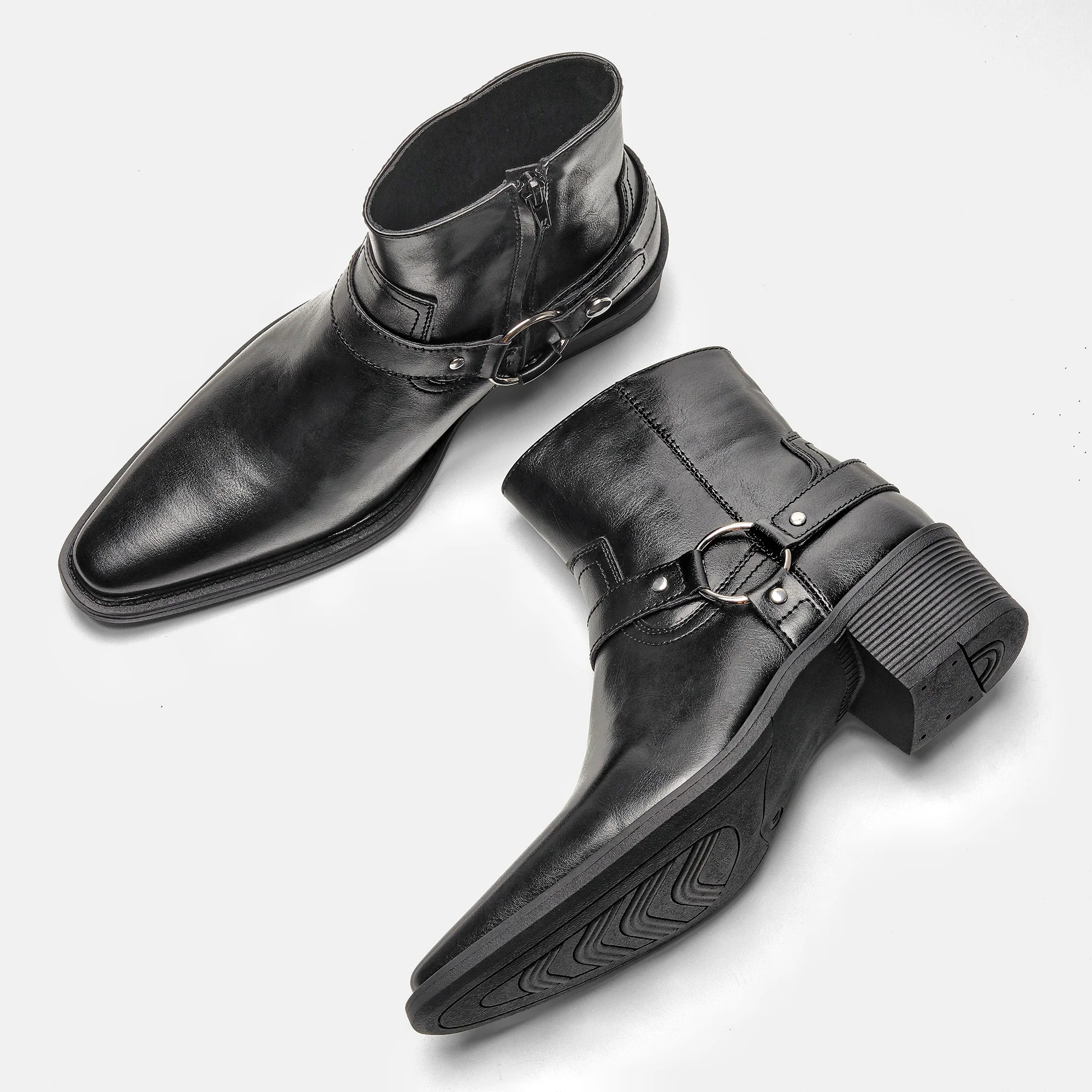 Chelsea-Stiefel für Herren, schwarze Schnallen-Knöchelstiefel mit seitlichem Reißverschluss, spitze Zehenpartie, Blockabsatz – Detail 11