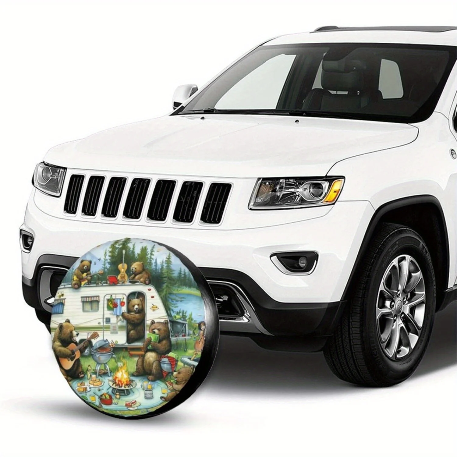1 Stück Frühling Camping Bears Reserveradabdeckung RV, SUV, LKW, Anhängerradschutz mit Bären Kochen, Gitarrenspieler
