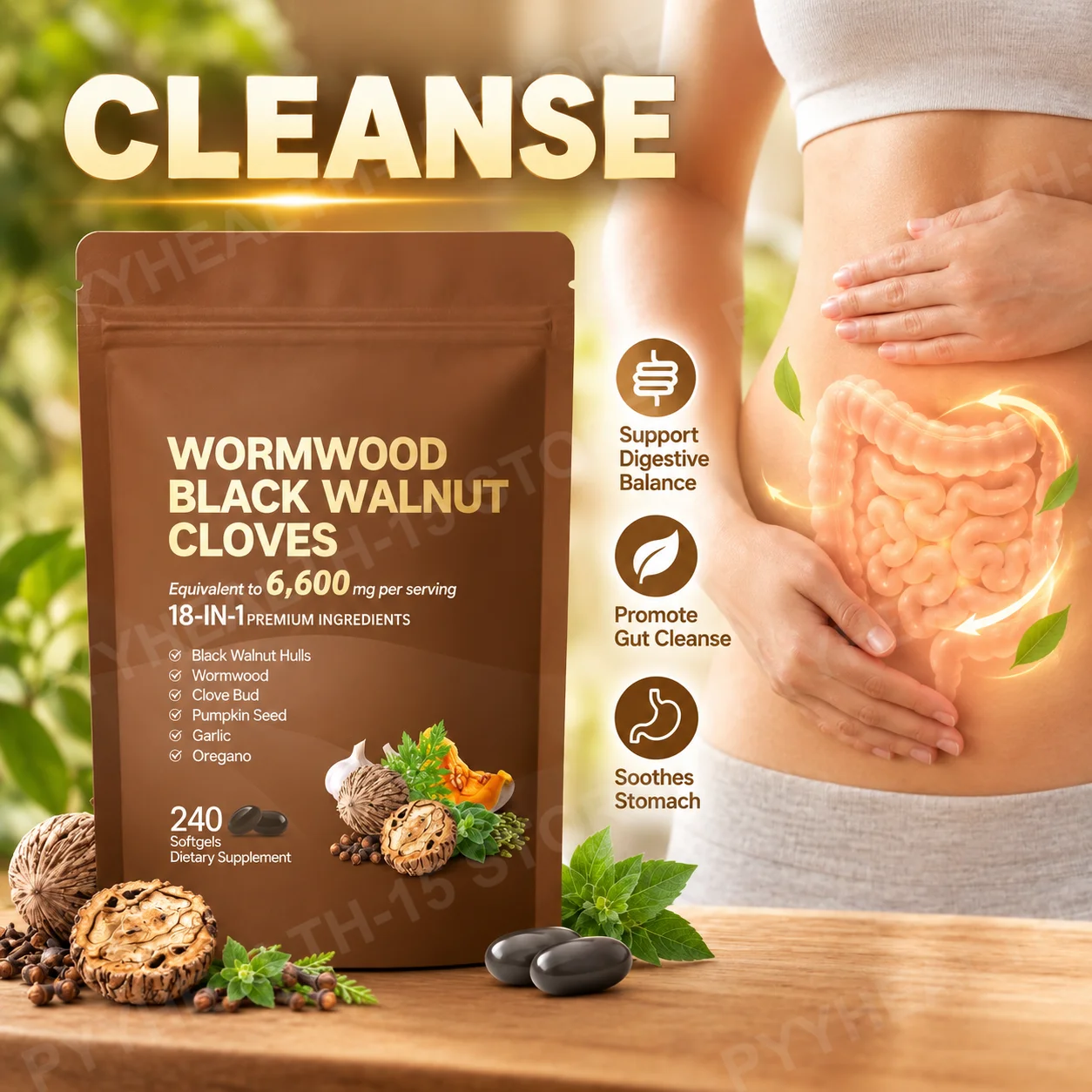 18-in-1 Wormwood Black Walnut Clove Softgels 6600mg Promote Gut Cleanse Improve Digestive Balance Garlic Oregano 240 Softgels