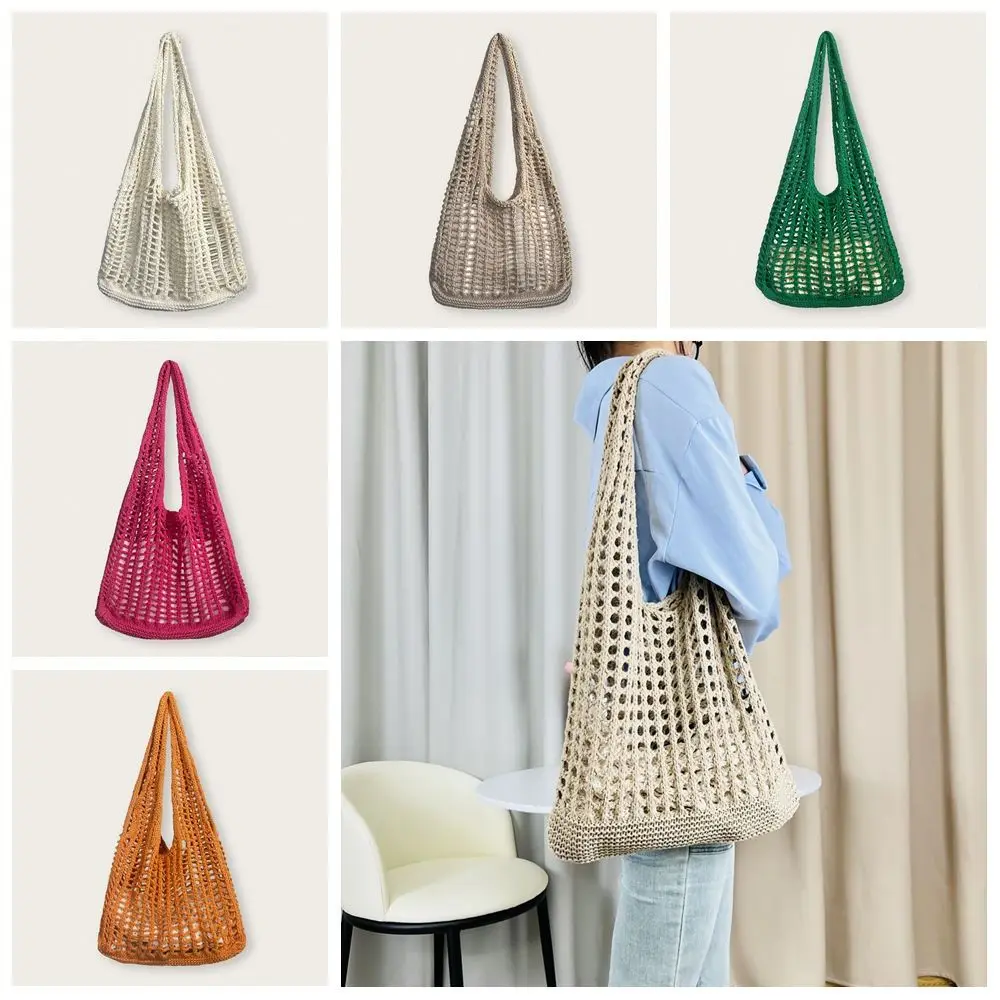 

Solid Color Knitting Shoulder Bag Hollow Out Large Capacity Bohemian Crochet Tote Bag Versatile Casual Woven Handbag Shopping