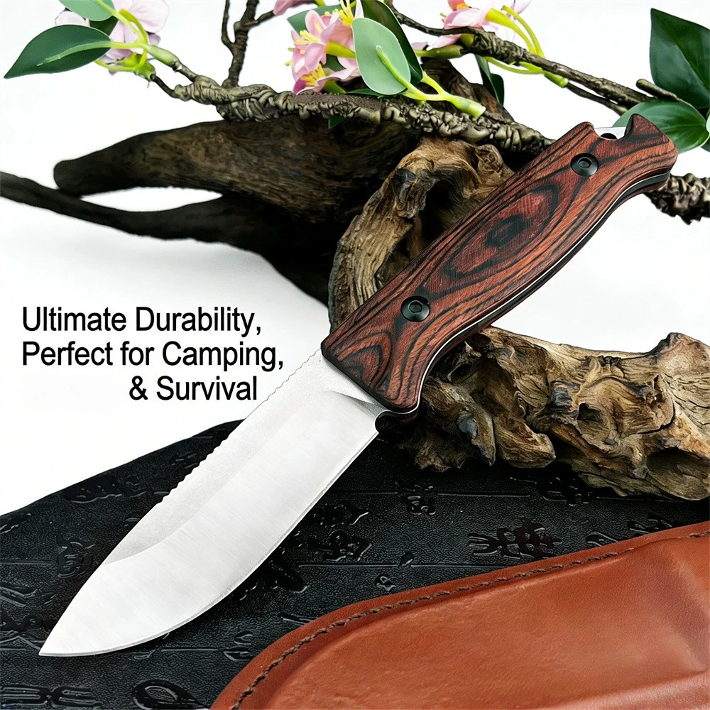 

Fixed Blade Bushcraft Knife VG10 Steel Full Tang Blade, Wood Handle, Leather Sheath for Camping Survival Hiking Outdoor Survival