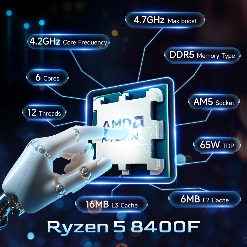 AMD Ryzen 5 8400F DDR5 6-Cores 12-Threads 4.7GHz New PCIe 4.0 Desktop computer CPU processor with Socket AM5 R5 8400f but no fan