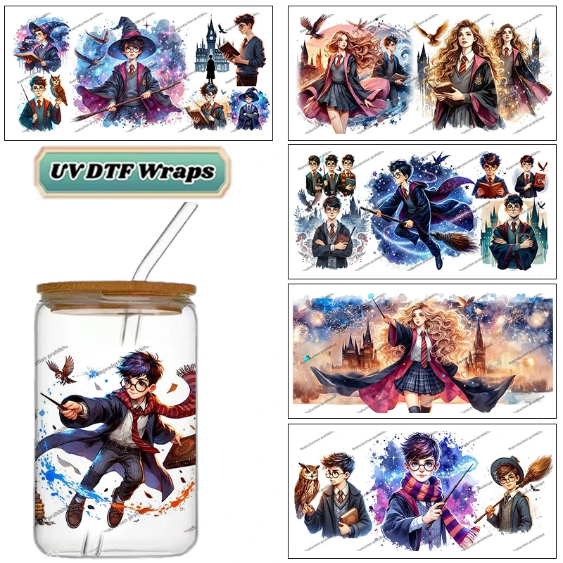 New Design Magic School Wizard UV DTF Wraps Fantasy Castle & Owl Stickers for 16oz Glass Cans Waterproof DIY Decals Customizable
