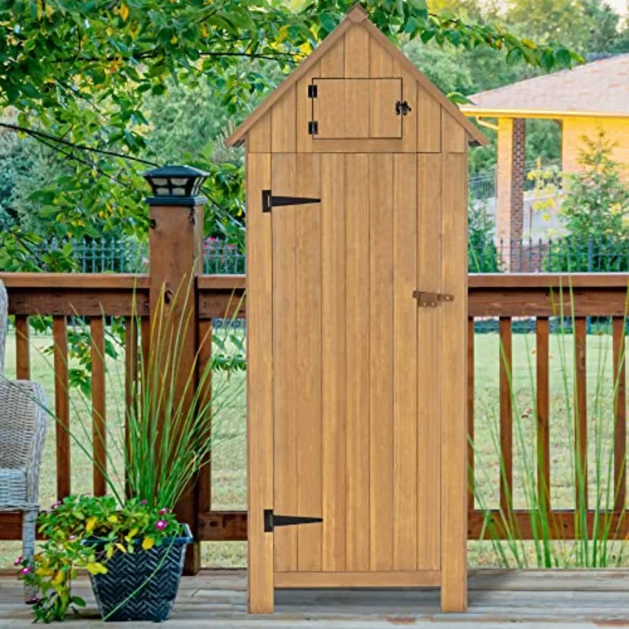 Outdoor storage cabinet with shelves, wooden exterior, natural brown, weather-resistant design for patio, yard, and lawn use
