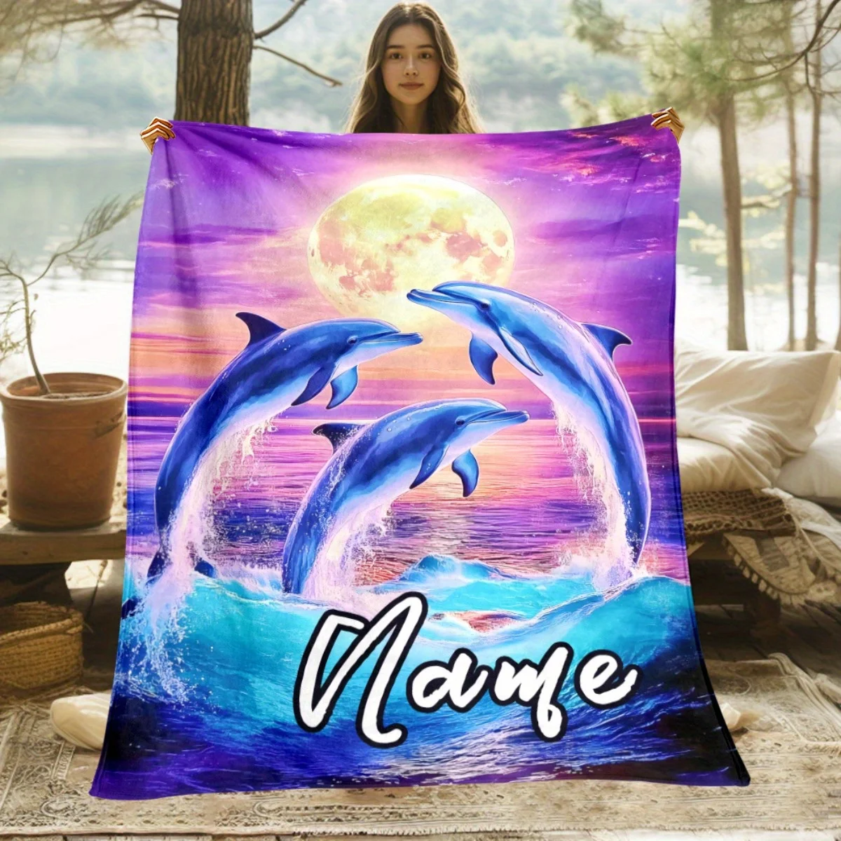Maßgeschneiderte Decke mit Delfin-Mond-Muster – leichte Heimbettwäsche für Sofas, Betten, Reisen, Camping, Wohnzimmer, Büros