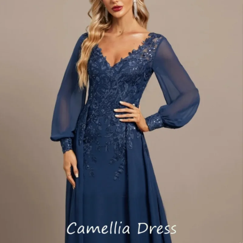 A-Line Full Sleeve Sequined Lace Appliques Formal Evening Dress Modern Chiffon Navy Blue Mother of the Bride Dresses V-Neck Gown