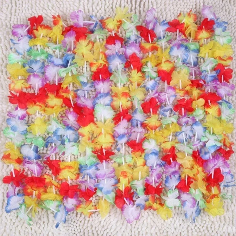 10 Stück hawaiianische Blumenketten, mehrfarbige tropische Blumenketten, Polyester-Blumengirlanden für Luau-Party, Strandtanzparty-Dekoration – Detail 4