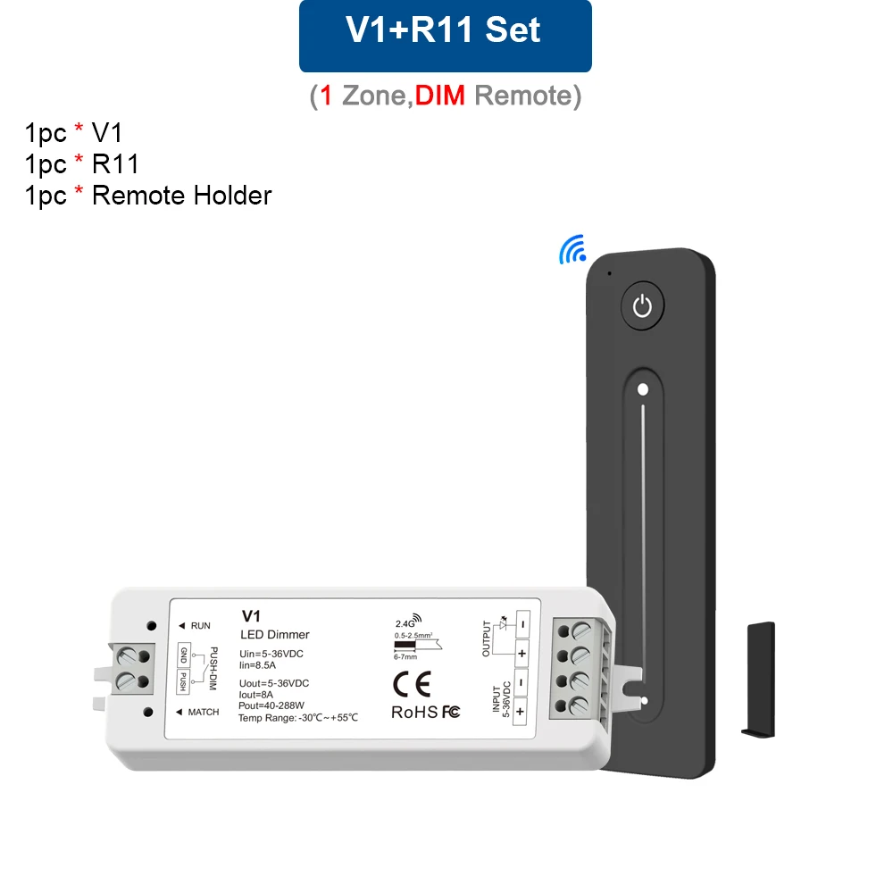 Dimmer 12V 24V 36V 5V DC 8A 2.4G RF PWM Wireless Touch Remote for Single Color LED Strip Light Switches Dimmer Controller V1 R11