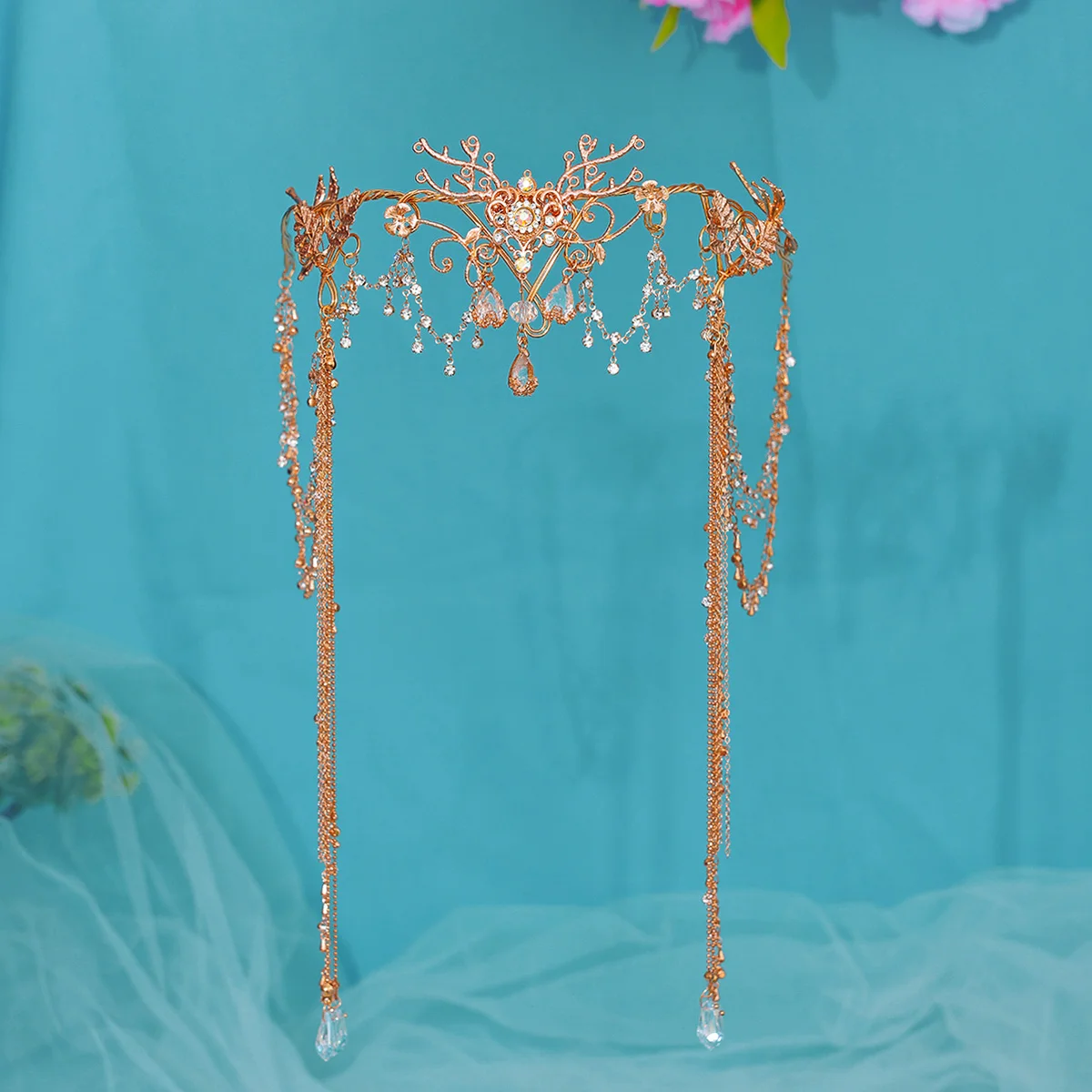 Exotic Elf Princess Hair Accessories Crystal Beads Long Chain Tassel Crown Tiara for Bride Wedding Headdress image 2