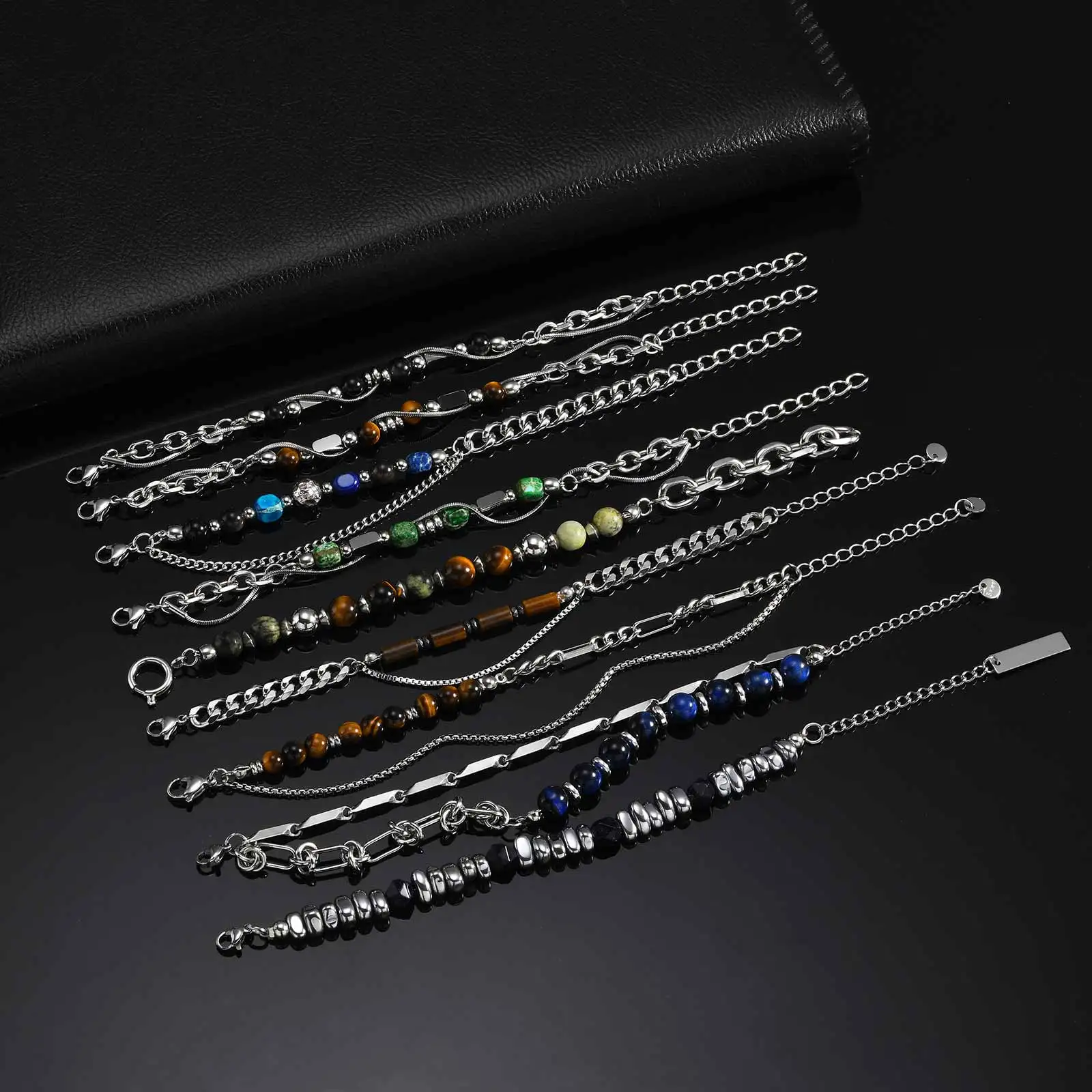 Vnox Naturstein-Perlenarmband für Herren, Edelstahl-Mehrschichtkette, Tigerauge, Obsidian, verstellbarer Armschmuck, Geschenk – Detail 11