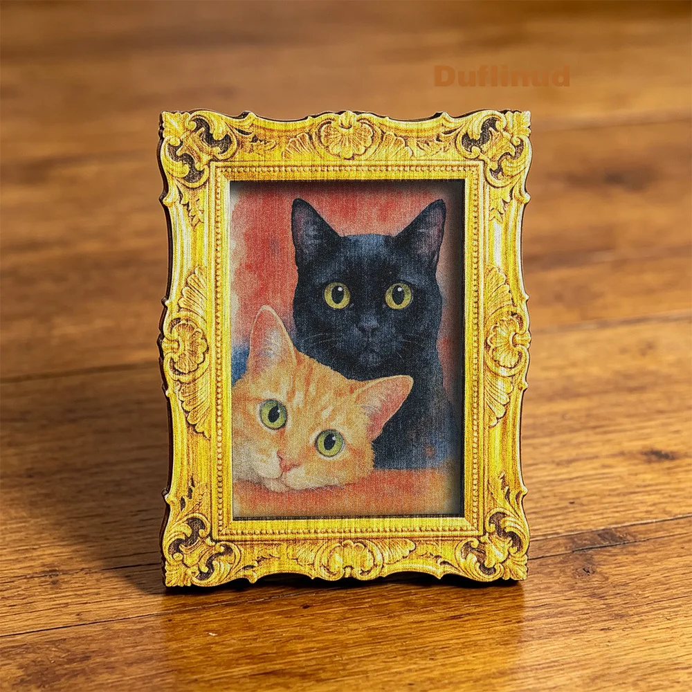 Vintage Ornate Golden Frame Orange & Black Cat Wooden Tabletop Decor Sign, Retro Baroque Cat Portrait Desk for Cat Lovers
