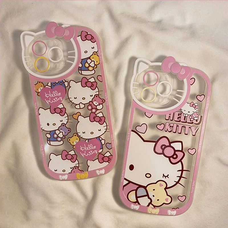 Custodia carina Sanrio Hello Kitty per iPhone 15 14 13 12 11 Pro Max XR XS MAX 7 8 Plus Cover trasparente per cartoni animati di lusso Lady Girl Y2K