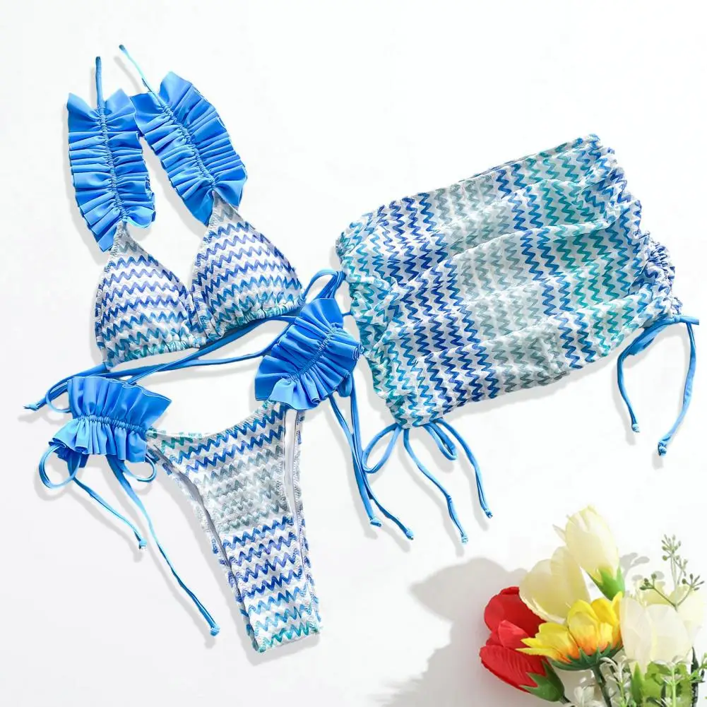 3 Pcs/Set Bikini Set Color Matching Lace-up Halter Neck Shirring Pleated Elastic Adjustable Quick Dry Bathing Suit