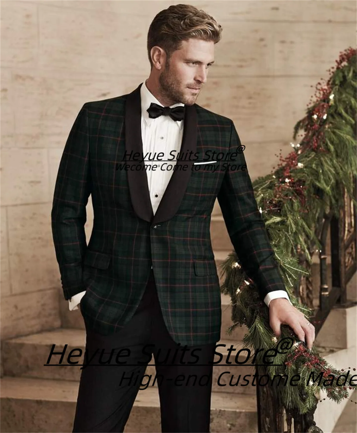 

Luxuly Green Plaid Men Suits Slim Fit Shawl Lapel Groom Prom Tuxedos 2 Pcs Sets Luxuly Male Prom Blazers Business Costume Homme