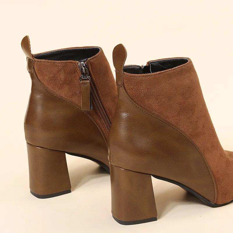 2025 Autumn/Winter Women Ankle Boots Pointed Fashion Short Boots Suede Panel Side Zipper Thick Heels Women's Shoes Large 44