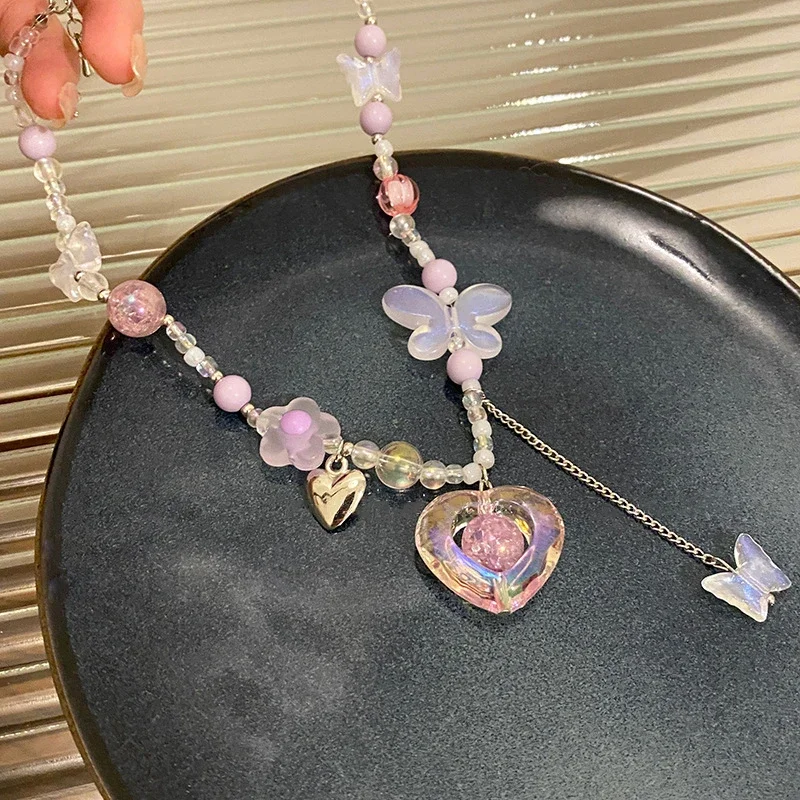 Y2K القلب فراشة قلادة المختنق قلادة ملونة سلسلة الترقوة للنساء فتاة الشرير الحلو الجمالية مجوهرات الطرف