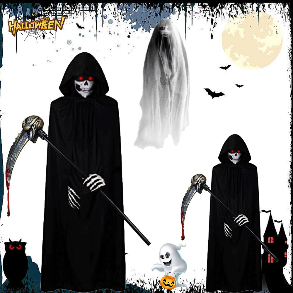 Horror Halloween Grim Reaper Hooded Cloak Skull Scarf Night Glow Gloves Ghost Head Scythe Adult Kids Scary Halloween Decorations