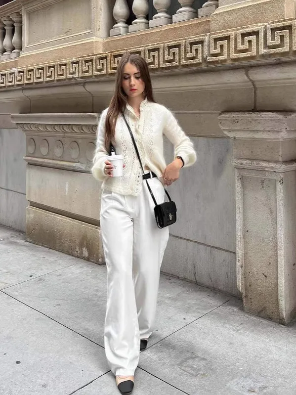 

Women's Stand up Collar Lace Pure Color Open Cardigan Floral Trim Simple Sle Long Sve Thiened Knitted Sweater