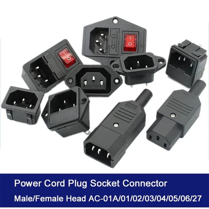 Power Cord Plug Socket Connector Pure Copper Contact Point Male/Female Head AC-01A/01/02/03/04/05/06/27 10A 250V