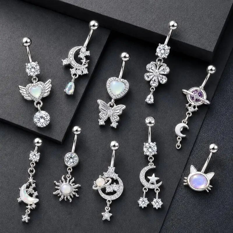 Colorful Y2K Stainless Steel Zircon Planet Moon Butterfly Belly Rings Cute Butterfly Body Piercing Jewelry Belly Button Rings