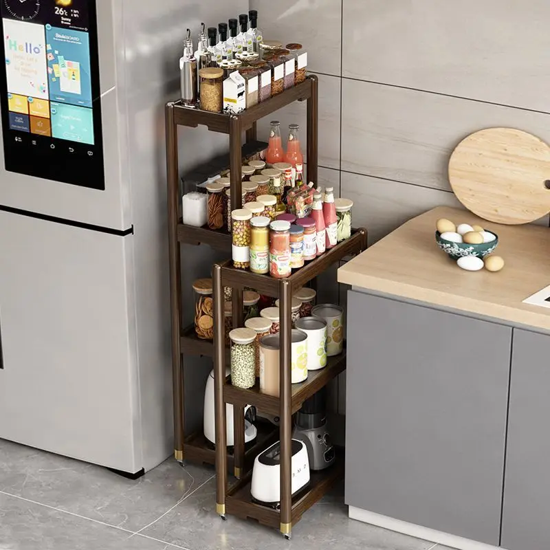 Pull Out Kitchen Storage Trolley 4 Tier Brown Movable Slim Rolling Cart For Spice Condiment Kitchen Gap Organizer