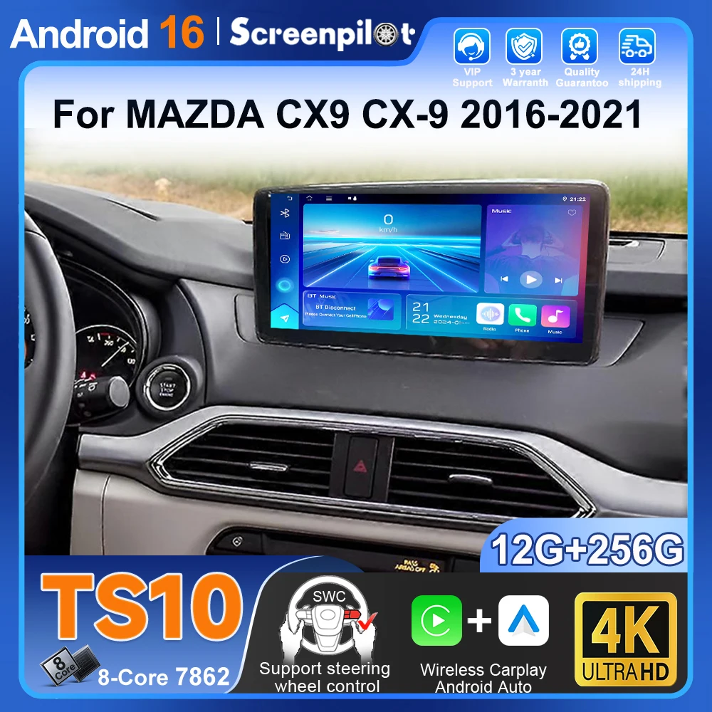 Radio para Auto con Carplay Android 16 para Mazda Cx9 Cx-9 2016 2017 2018 2019 2020 2021, Pantalla Táctil de 12.3 Pulgadas, Radio Auto con Wifi 5G y 8 Núcleos