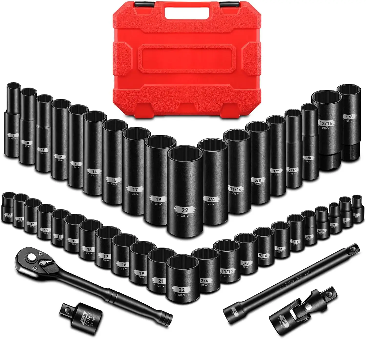 

3/8' Drive Impact Socket Set, 45-Piece, SAE & Metric, 72-Tooth Ratchet, 6' Extension, Adapters, Universal Joint