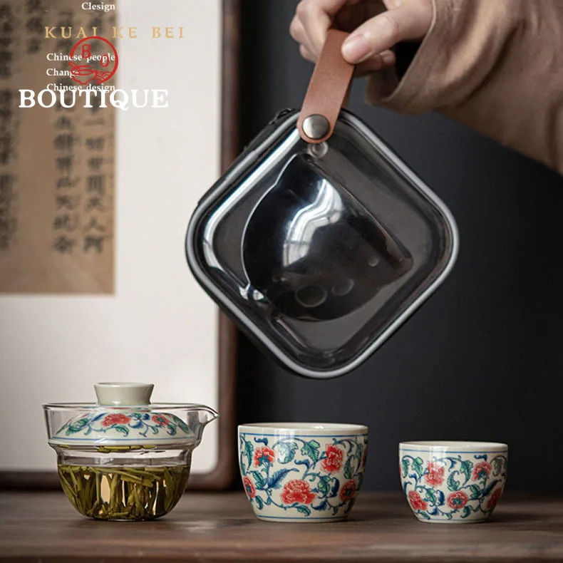 

Portable Tea Cup Storage Travel Outdoor Small Set Retro Blue and White Tea Set Fast Customer Cup Kung Fu Tea Maker Cover Bowl