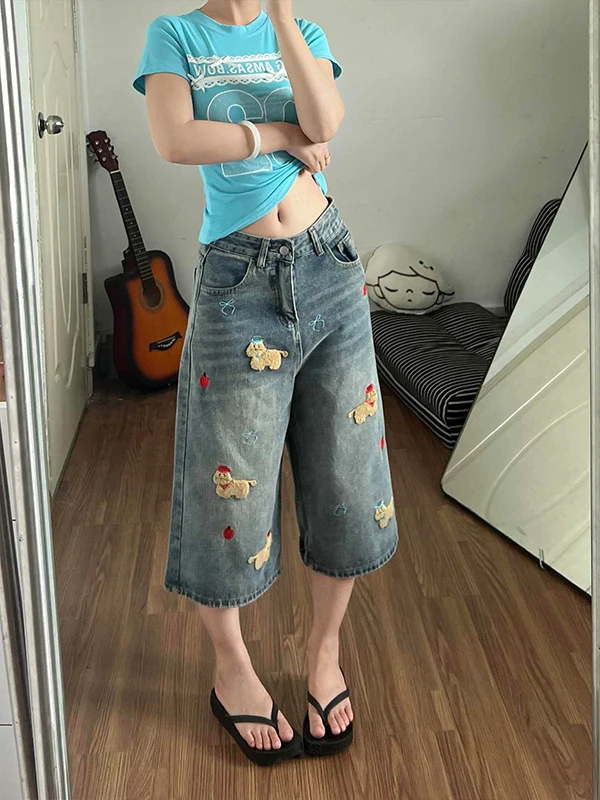 

Cute Embroidery High Waist Wide Leg Jeans Women's Summer Sweet Street Loose Fit Casual Denim Shorts Blue Cotton Blend