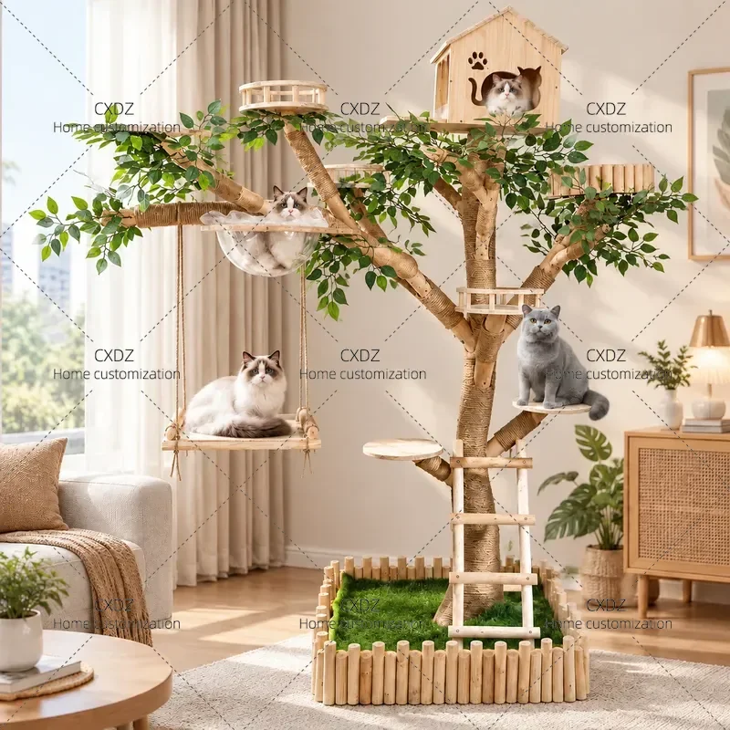 Large Cat Climbing Frame Solid Wood Real Trunk Tree Shape Cat Nest Integrated Wear Resistant No Punching Base Pet Activity