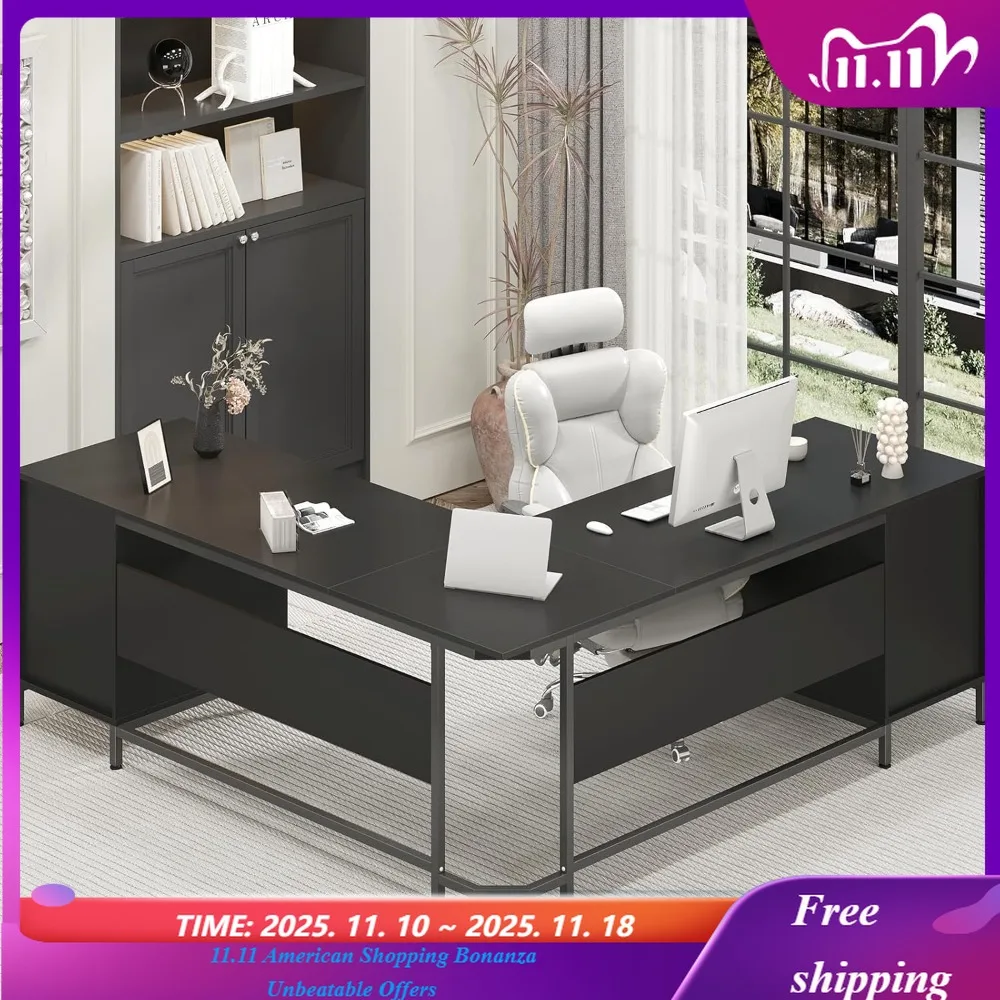 مكتب على شكل حرف L مع 6 أدراج، مكتب كمبيوتر كبير للمكتب المنزلي مع خزانة ملفات تخزين، مكتب خشبي معدني حديث