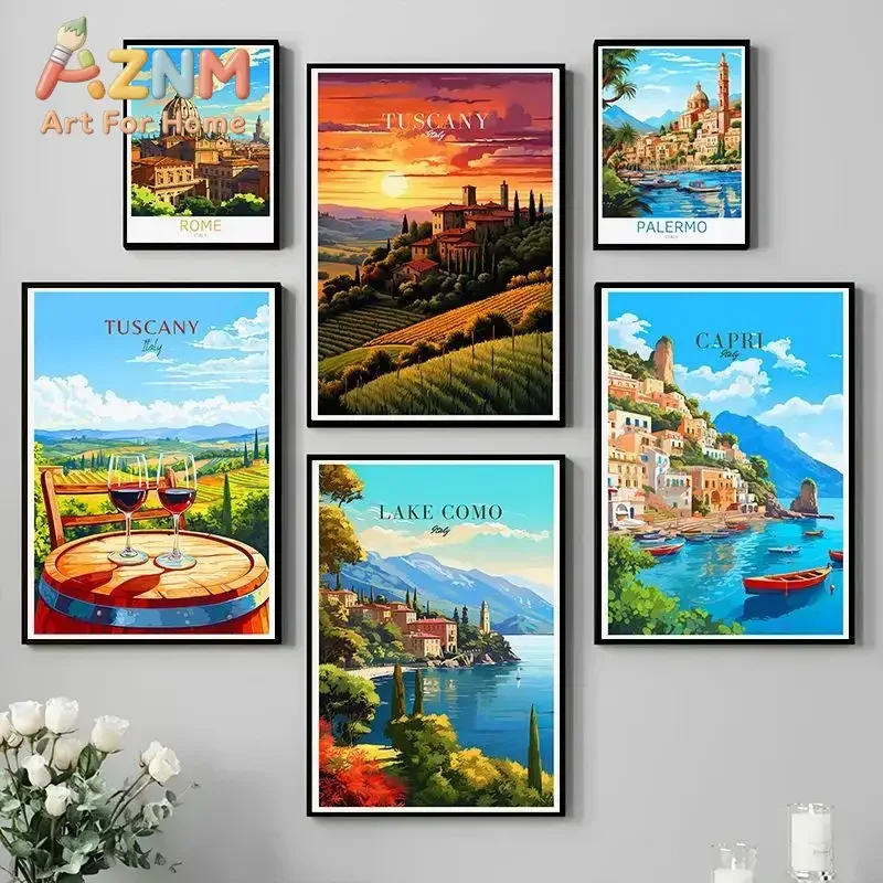 Italy City Travel Poster Paris Rome Milan Tuscany Venice Sardinia Canvas Painting Wall Art Picture for Living Room Home