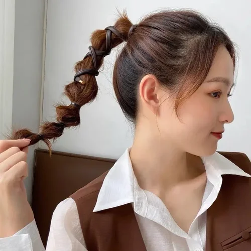 Imagen 2 del producto Gomas para el pelo de cuero PU para mujer, lazos simples de alambre largo, diadema trenzada, soporte para cola de caballo, tocado con horquillas