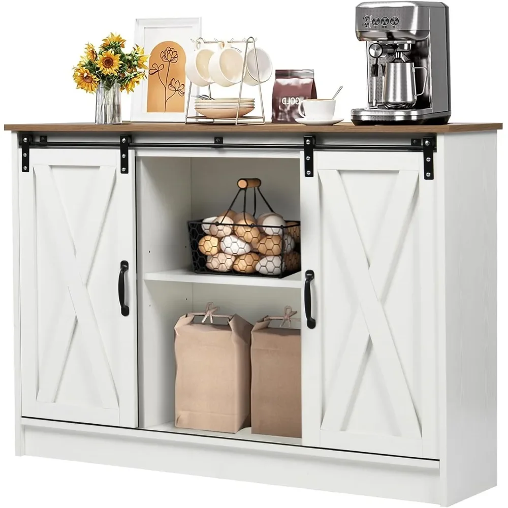 

Coffee Bar Cabinet with Sliding Barn Doors, 42” Farmhouse Coffee Station with Adjustable Shelves, Buffet Cabinet with Storage