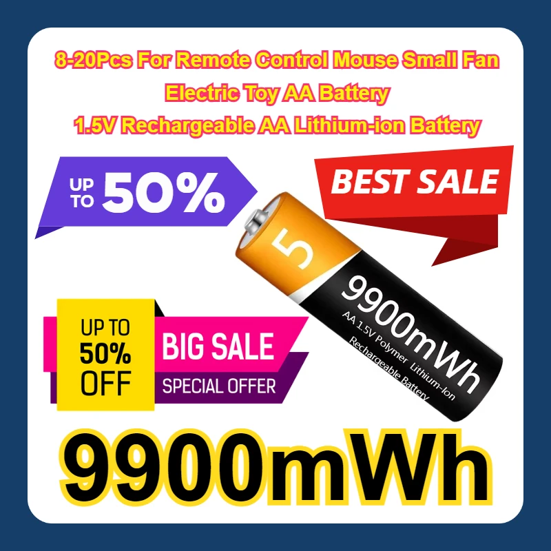 

9900mWh 8-20Pcs For Remote Control Mouse Small Fan Electric Toy AA Battery 1.5V AA Rechargeable AA Lithium-ion Battery