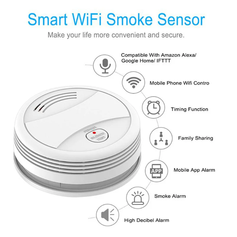 Sensore di fumo WiFi intelligente Telecomando Rilevatore di allarme antincendio intelligente Tuya Avviso di potenza ad alta decibel