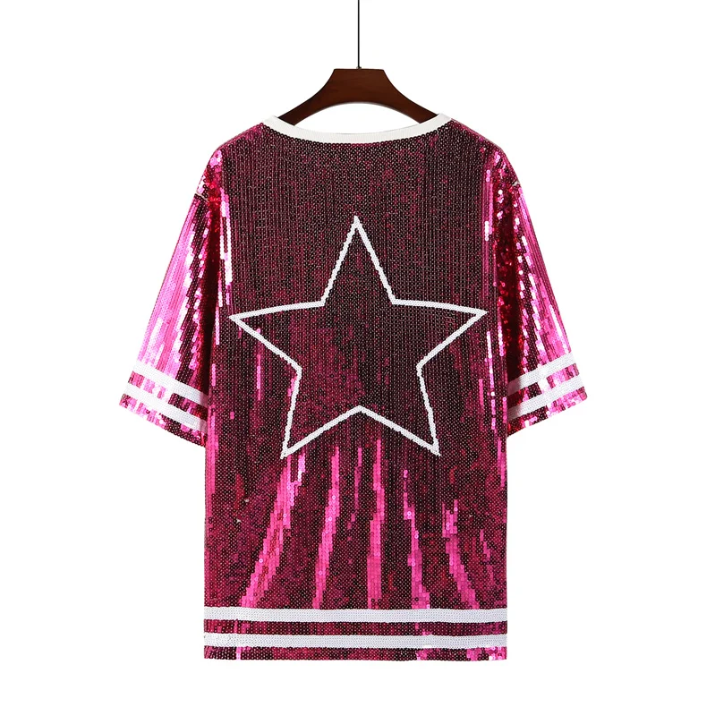 Autumn New High Quality Streetwear Sequins Stripe Geometric Letter Short Sleeve Jacket Hip Hop Round Neck Straight Women' Wears