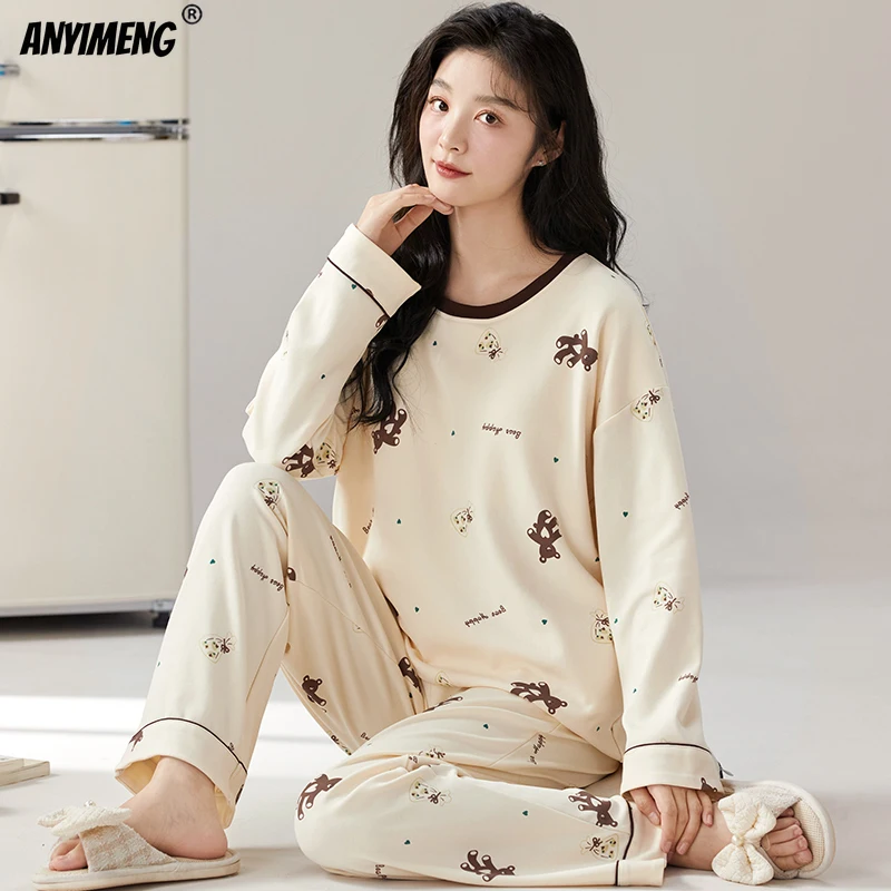 Purple Floral Printing Women Pajamas Set Autumn Winter New Faux Cotton Sleepwear Leisure Lady Pijamas Long Sleeves Chic Homewear