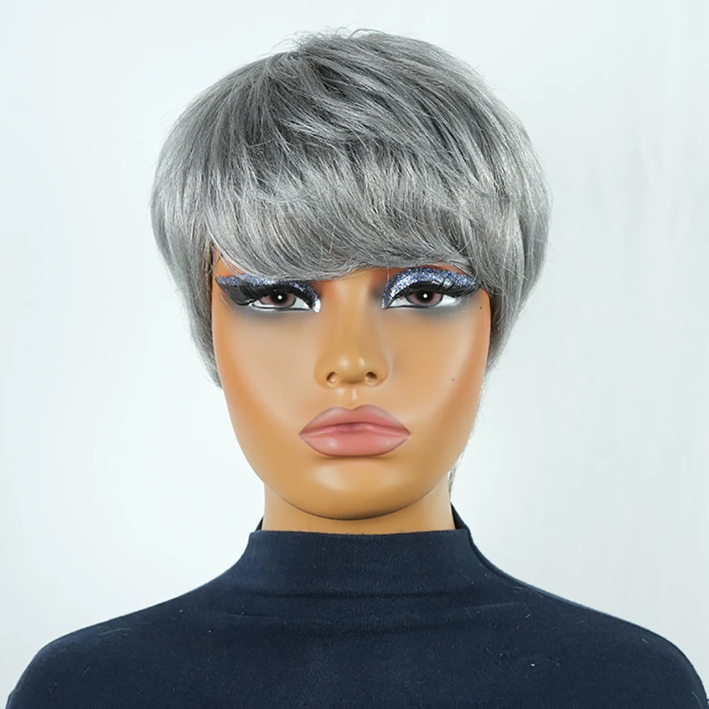 

Серый парик с бахромой, человеческие волосы с челкой, бесклеевой парик пикси, короткие парики из натуральных волос, стрижка пикси, бразильские прямые парики из человеческих волос, 100%