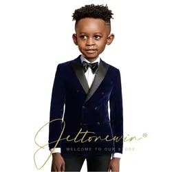 Navy Blue Velvet Boys Suit Jacket Pants 2 Piece Set Fashion Party Double Breasted Clothes Blazer Suit Kids Wedding Tuxedos