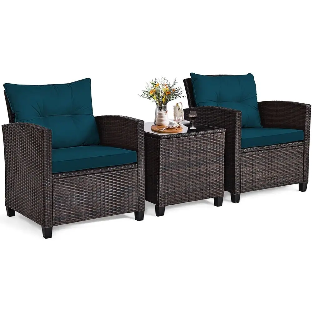 

3-Piece Outdoor Wicker Patio Furniture Set with Cushions, Glass Coffee Table, Ideal for Balcony, Garden, Poolside in Peacock Blu