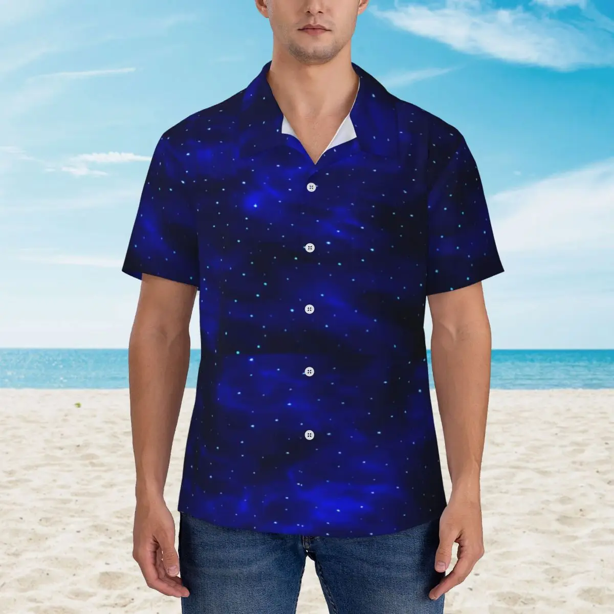 

Bule Galaxy Casual Shirt Stars Print Elegant Hawaii Shirts Mens Short Sleeves Vacation Stylish Pattern Oversized Blouses